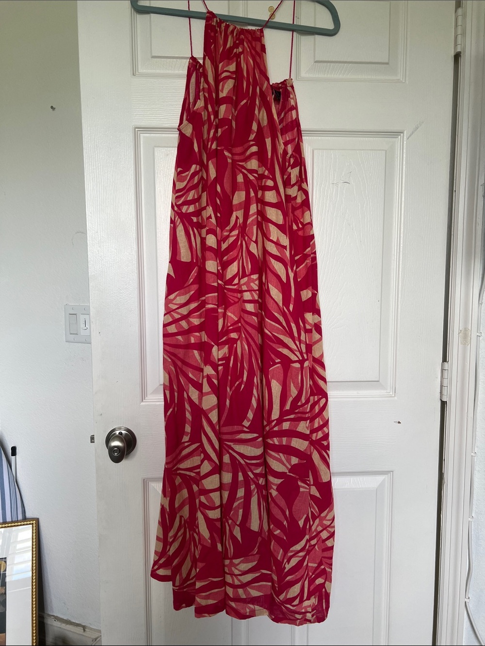 Tahari Red and Beige Leaf-Print Maxi Dress